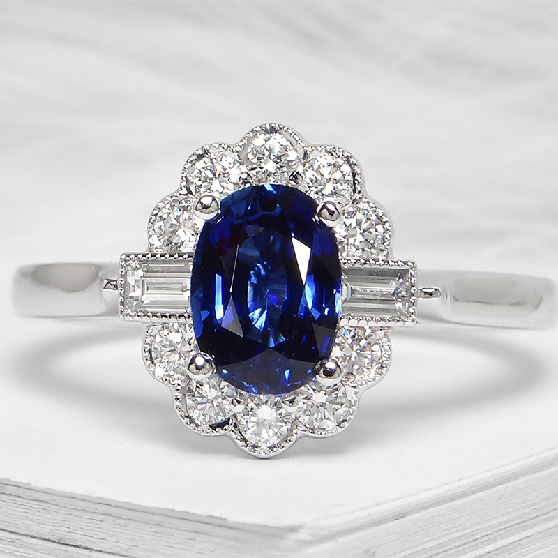 Oval Sapphire Baguette Diamond Halo Ring